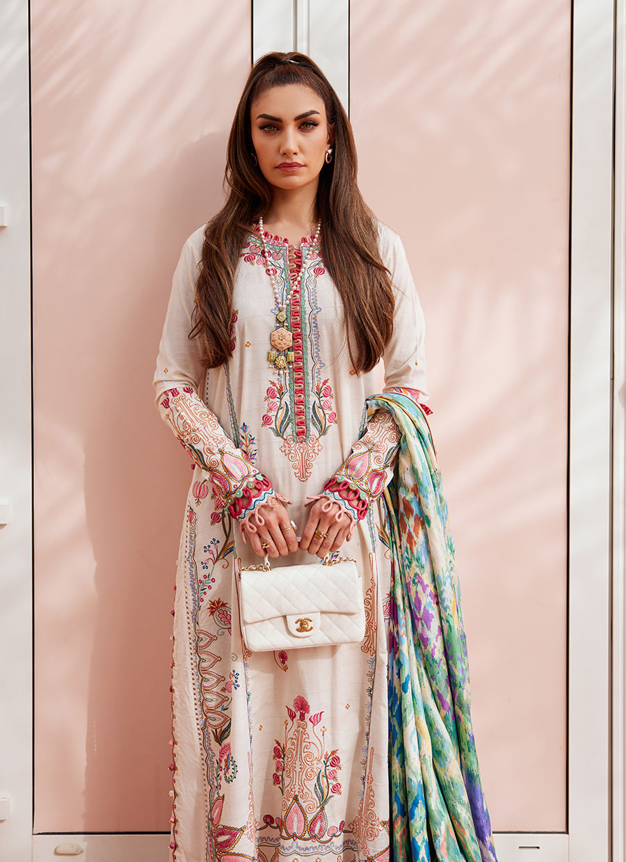 Model wearing ivory embroidered dress with multicolor printed dupatta from Farah Talib Aziz Irene Ivory, Pakistani clothes online in UK.