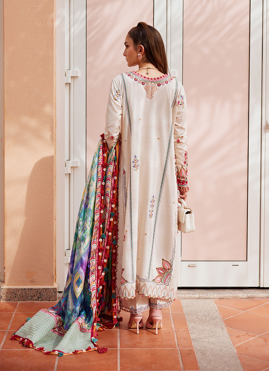 Model wearing ivory embroidered dress with multicolor printed dupatta from Farah Talib Aziz Irene Ivory, Pakistani clothes online in UK.