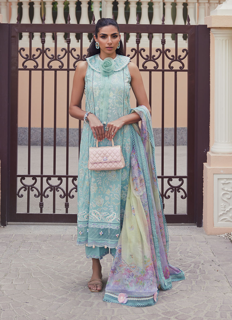 Model wearing aqua blue embroidered outfit from Farah Talib Aziz, Unstitched Luxury '25, perfect for Pakistani luxury pret fans in UK.