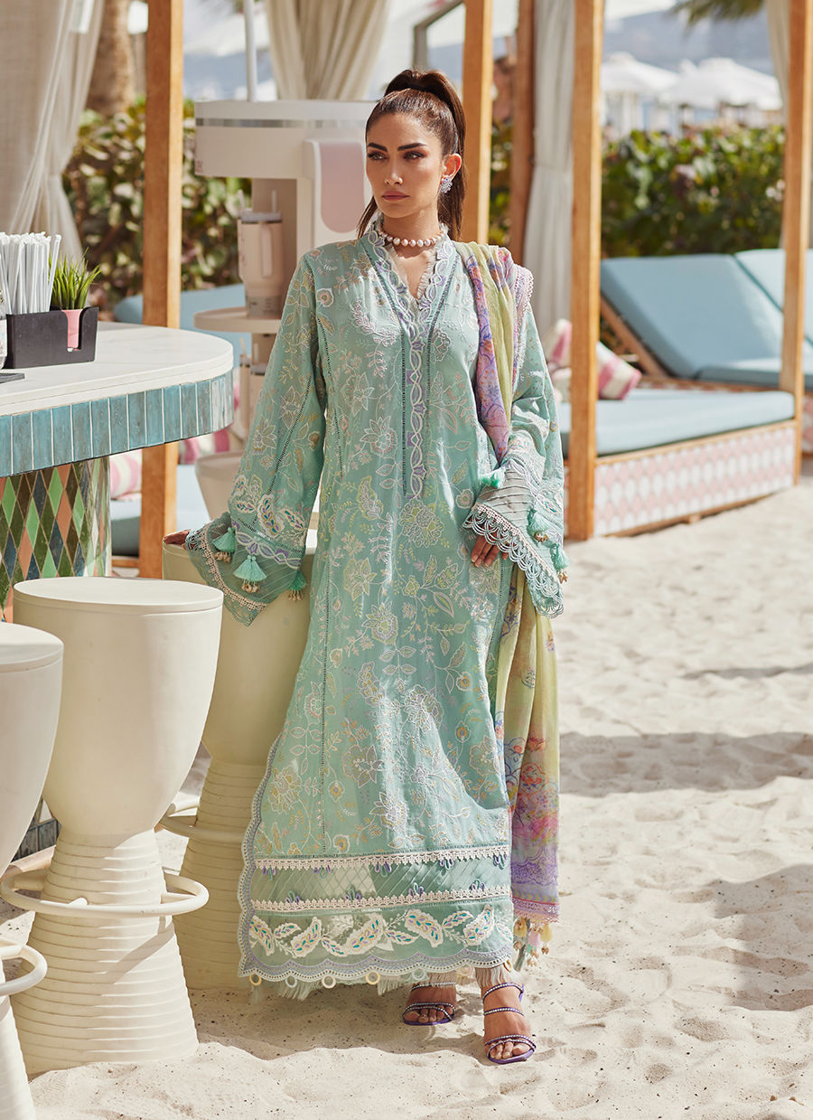 Model wearing aqua blue embroidered outfit from Farah Talib Aziz, Unstitched Luxury '25, perfect for Pakistani luxury pret fans in UK.
