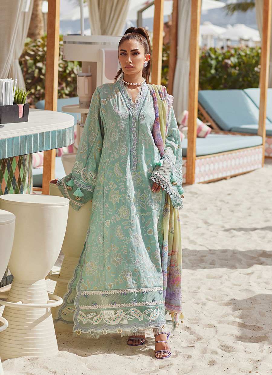 Model wearing aqua blue embroidered outfit from Farah Talib Aziz, Unstitched Luxury '25, perfect for Pakistani luxury pret fans in UK.