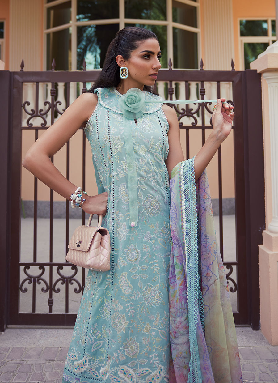 Model wearing aqua blue embroidered outfit from Farah Talib Aziz, Unstitched Luxury '25, perfect for Pakistani luxury pret fans in UK.