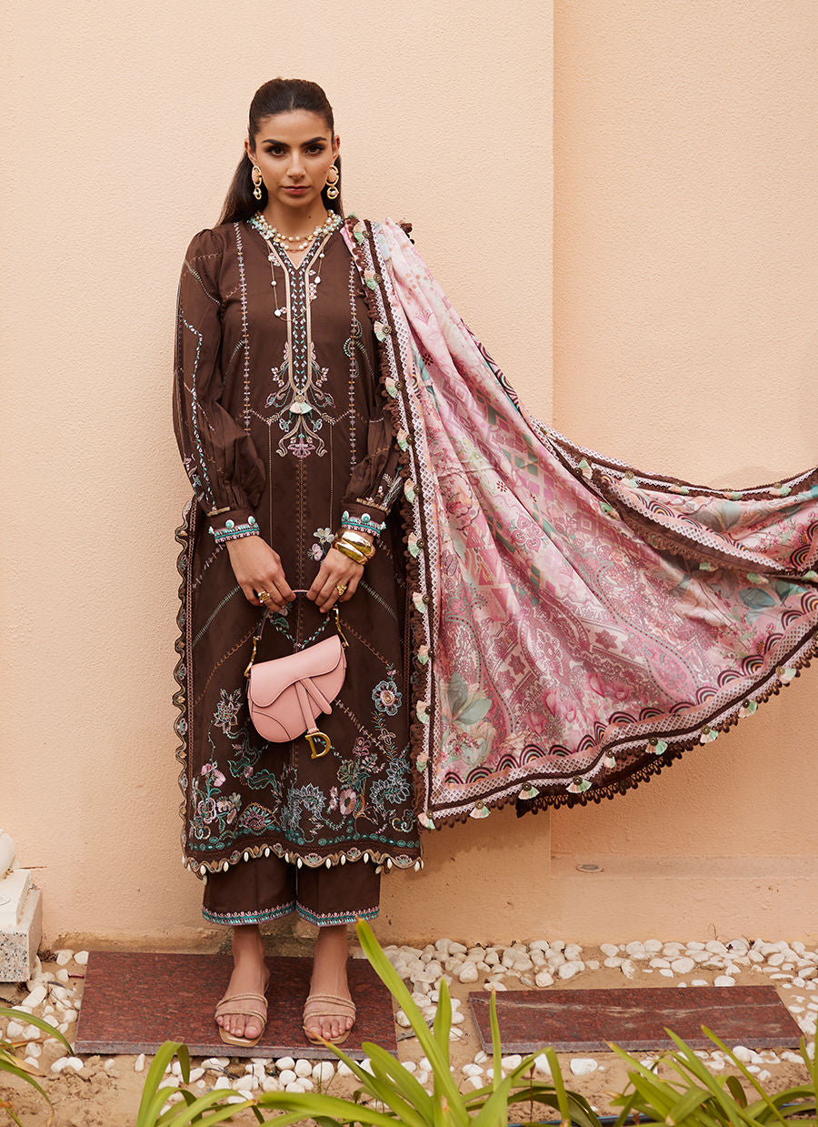 Model wearing chocolate brown embroidered dress with pink printed dupatta from Farah Talib Aziz Lvella Lindtt, Pakistani Luxury pret online in UK.