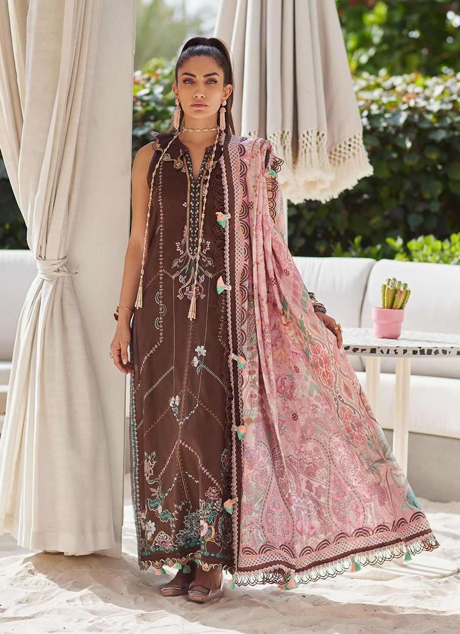 Model wearing chocolate brown embroidered dress with pink printed dupatta from Farah Talib Aziz Lvella Lindtt, Pakistani Luxury pret online in UK.