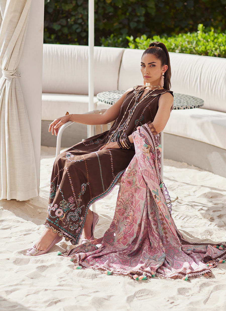 Model wearing chocolate brown embroidered dress with pink printed dupatta from Farah Talib Aziz Lvella Lindtt, Pakistani Luxury pret online in UK.