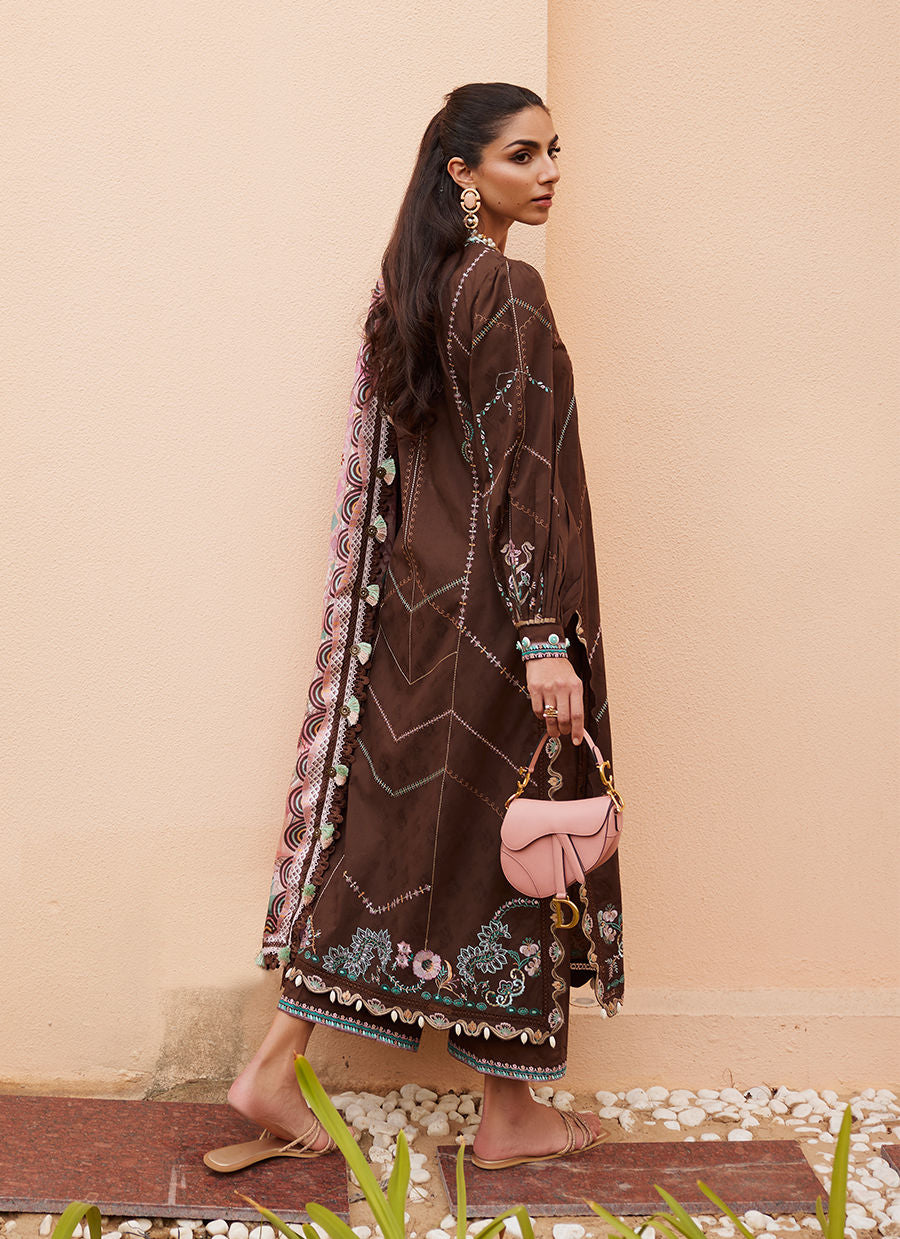 Model wearing chocolate brown embroidered dress with pink printed dupatta from Farah Talib Aziz Lvella Lindtt, Pakistani Luxury pret online in UK.