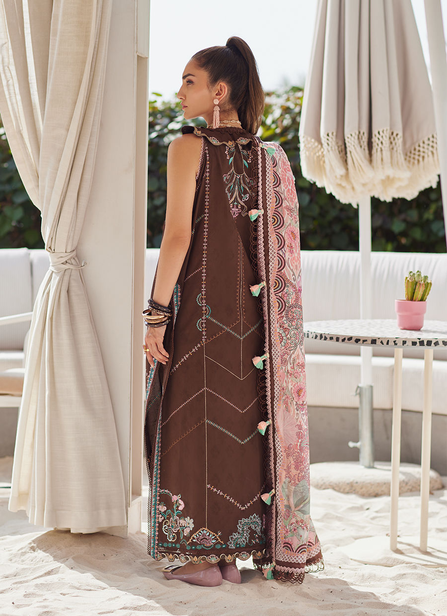 Model wearing chocolate brown embroidered dress with pink printed dupatta from Farah Talib Aziz Lvella Lindtt, Pakistani Luxury pret online in UK.
