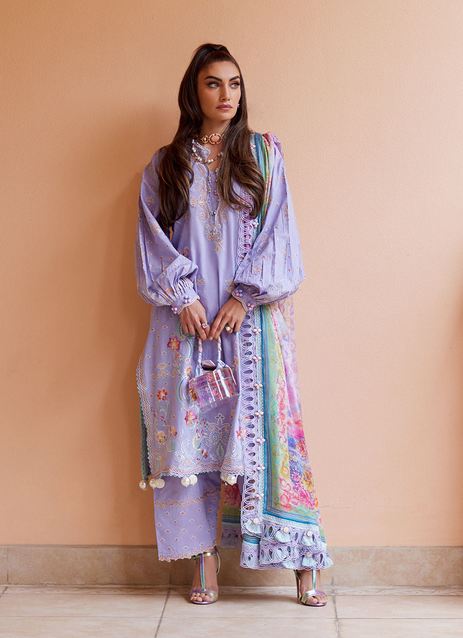 Model wearing lavender embroidered dress with printed dupatta from Farah Talib Aziz Liliana, Pakistani Luxury pret online in UK.