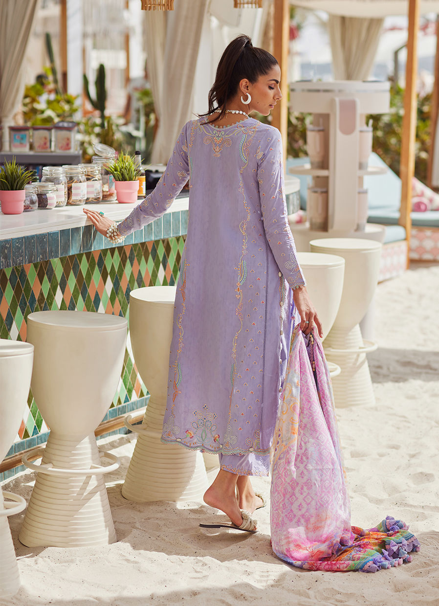 Model wearing lavender embroidered dress with printed dupatta from Farah Talib Aziz Liliana, Pakistani Luxury pret online in UK.