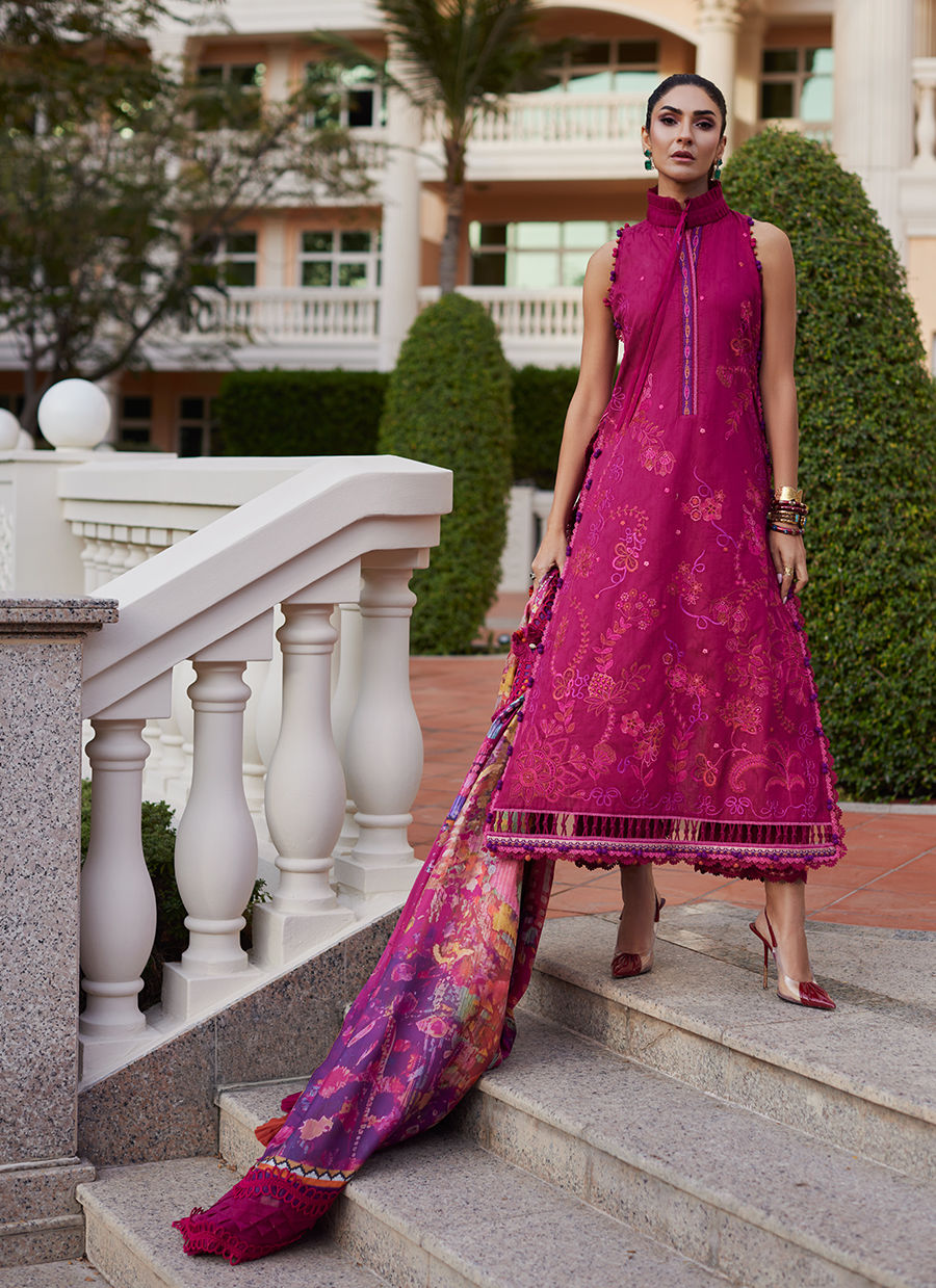 Model wearing deep berry and purple embroidered outfit from Farah Talib Aziz, Unstitched Luxury '25, ideal for Pakistani clothes online in UK.
