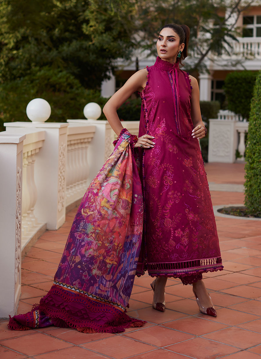Model wearing deep berry and purple embroidered outfit from Farah Talib Aziz, Unstitched Luxury '25, ideal for Pakistani clothes online in UK.