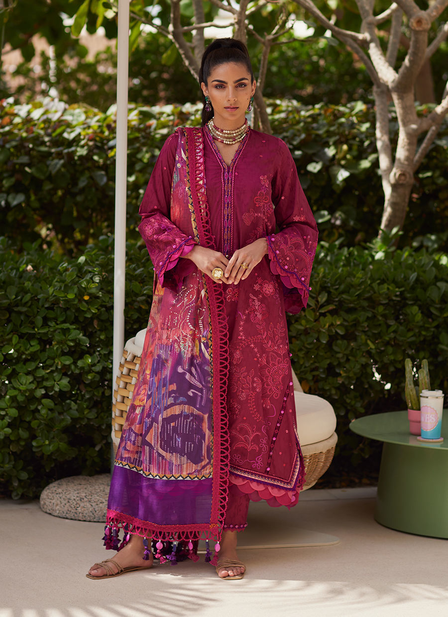 Model wearing deep berry and purple embroidered outfit from Farah Talib Aziz, Unstitched Luxury '25, ideal for Pakistani clothes online in UK.