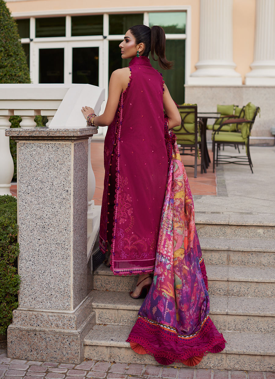 Model wearing deep berry and purple embroidered outfit from Farah Talib Aziz, Unstitched Luxury '25, ideal for Pakistani clothes online in UK.