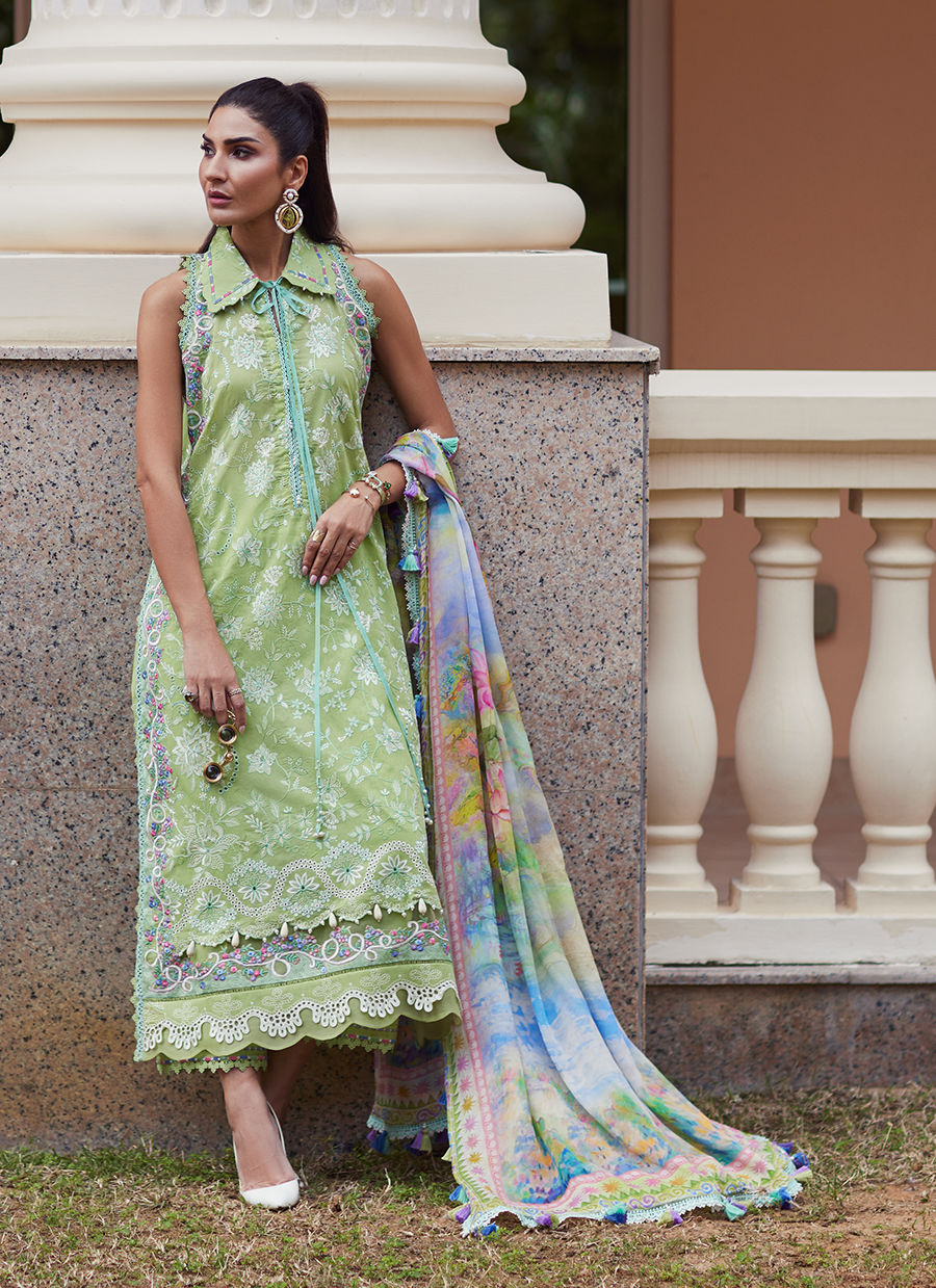 Model wearing pastel kiwi green embroidered outfit from Farah Talib Aziz, Unstitched Luxury '25, perfect for Pakistani clothes online in UK.