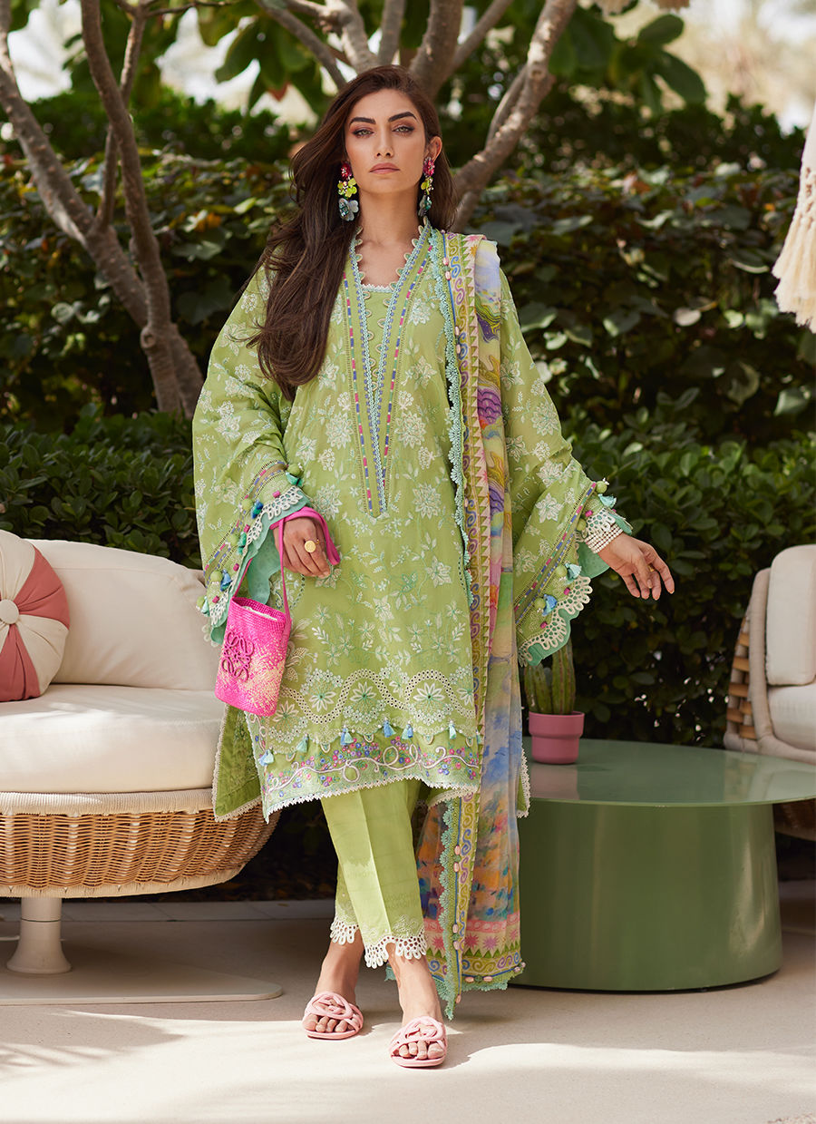 Model wearing pastel kiwi green embroidered outfit from Farah Talib Aziz, Unstitched Luxury '25, perfect for Pakistani clothes online in UK.