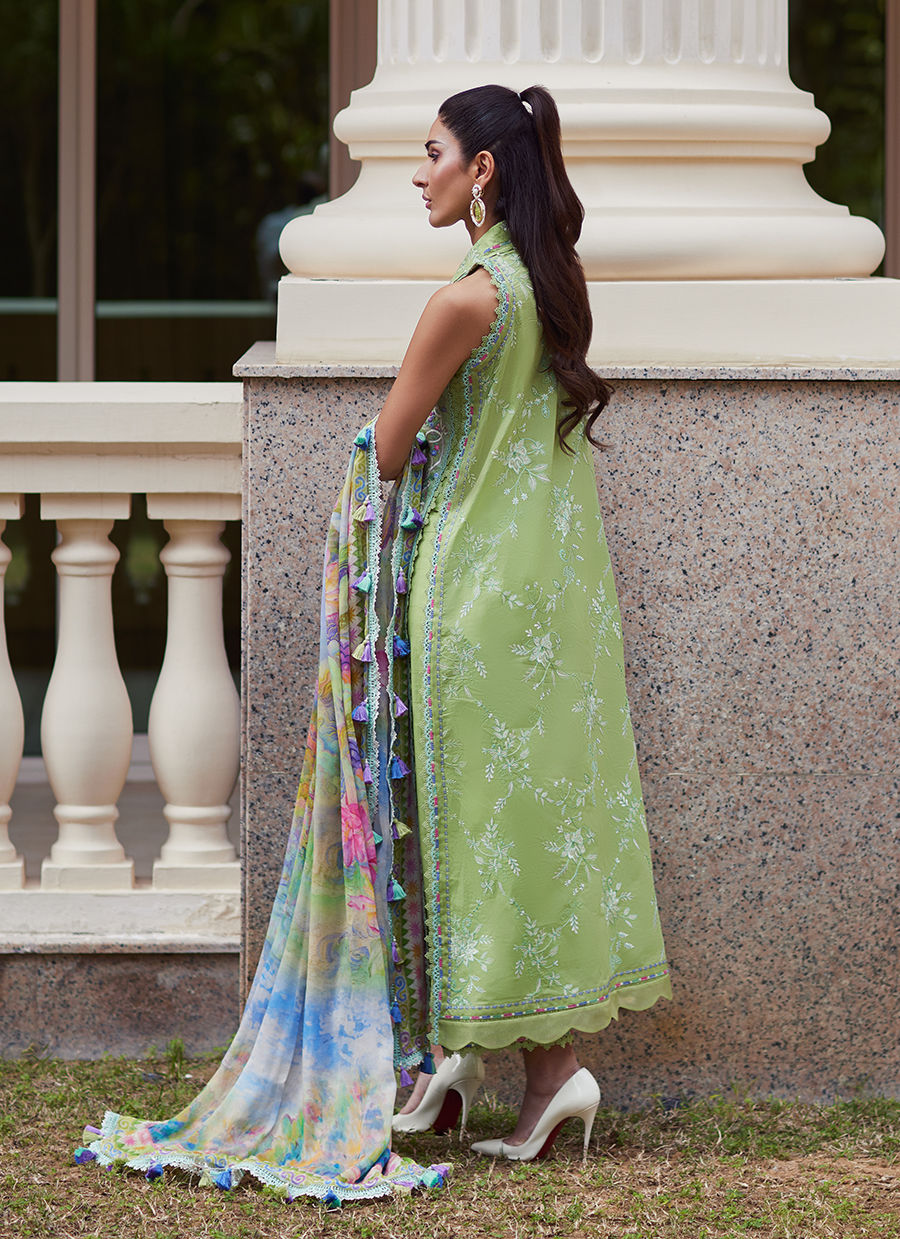 Model wearing pastel kiwi green embroidered outfit from Farah Talib Aziz, Unstitched Luxury '25, perfect for Pakistani clothes online in UK.
