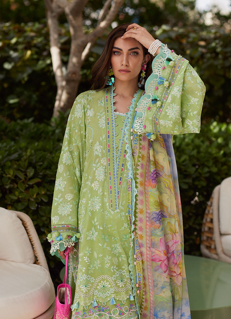 Model wearing pastel kiwi green embroidered outfit from Farah Talib Aziz, Unstitched Luxury '25, perfect for Pakistani clothes online in UK.
