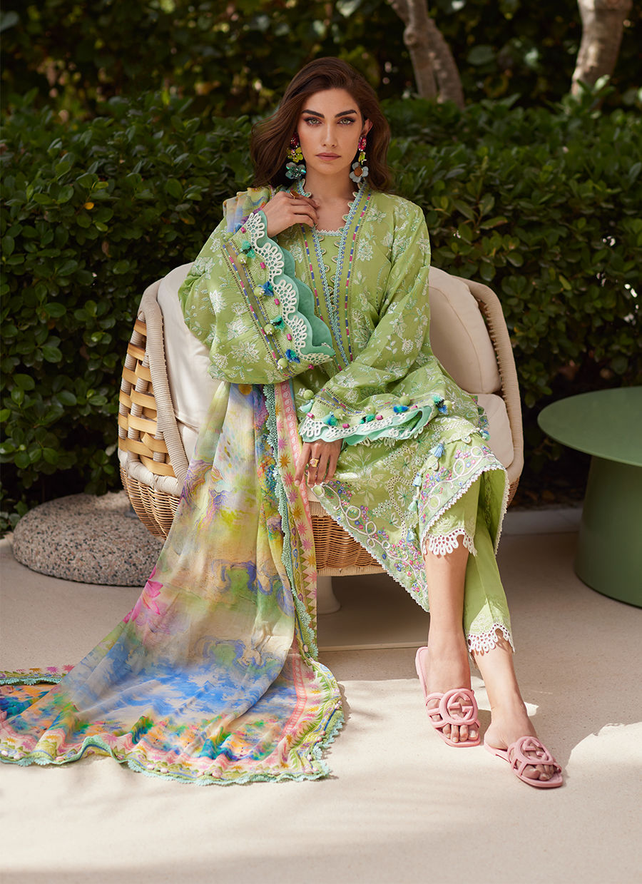 Model wearing pastel kiwi green embroidered outfit from Farah Talib Aziz, Unstitched Luxury '25, perfect for Pakistani clothes online in UK.