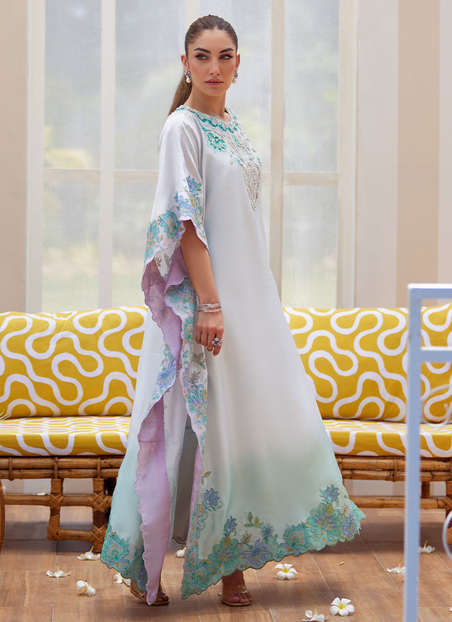 Model wearing pastel ombre Livia kaftan from Farah Talib Aziz Tara Luxe II, perfect for Pakistani luxury pret and Pakistani clothes online in UK.