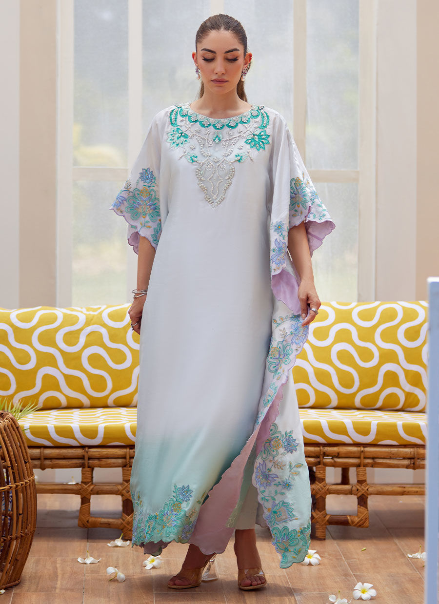 Model wearing pastel ombre Livia kaftan from Farah Talib Aziz Tara Luxe II, perfect for Pakistani luxury pret and Pakistani clothes online in UK.