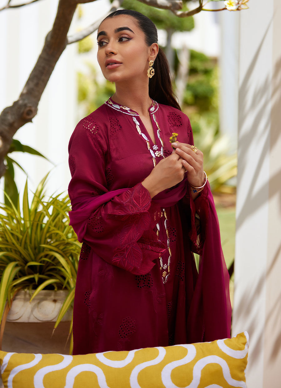 Model wearing burgundy embroidered dress with dupatta from Farah Talib Aziz, ideal for Pakistani luxury pret and festive wear in the UK.