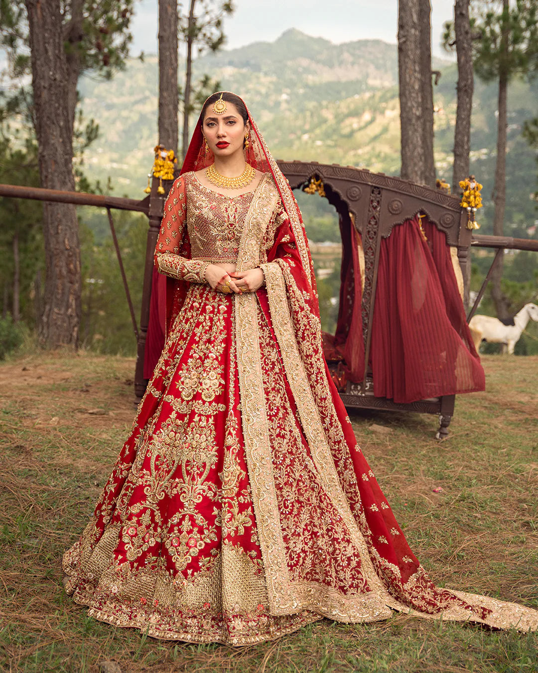model wearing red dress by Faiza Saqlain, Pakistani luxury pret ideal for online shopping in the UK