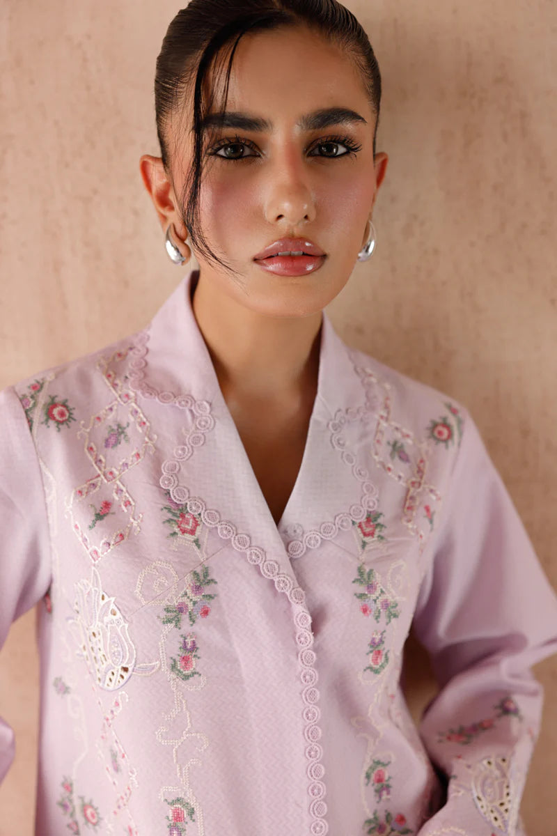Model wearing lilac embroidered coords EP-03 Aira from Qalamkar, elegant Pakistani luxury pret available online in UK.