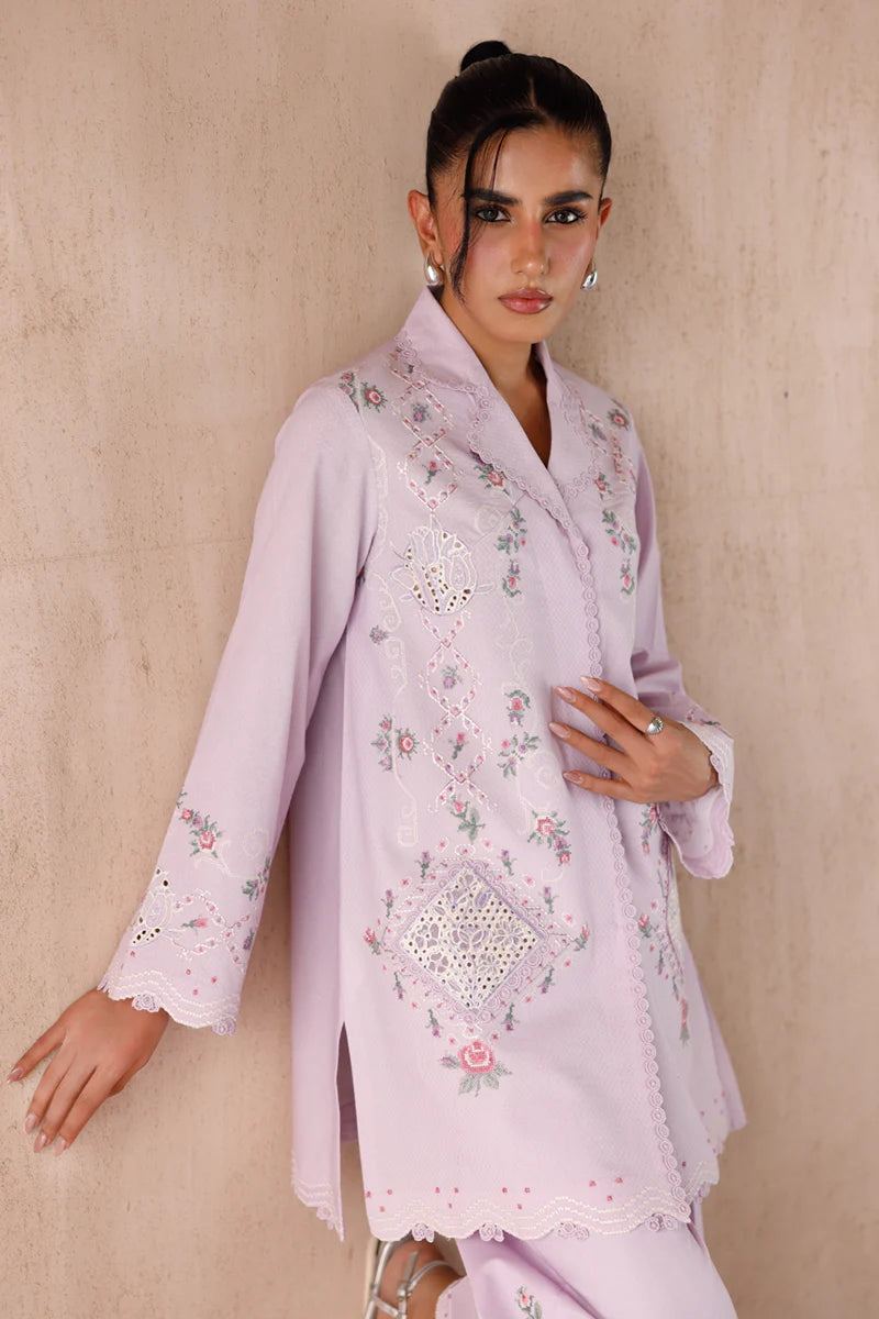 Model wearing lilac embroidered coords EP-03 Aira from Qalamkar, elegant Pakistani luxury pret available online in UK.