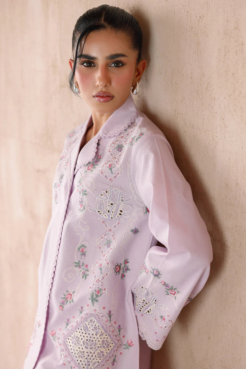 Model wearing lilac embroidered coords EP-03 Aira from Qalamkar, elegant Pakistani luxury pret available online in UK.