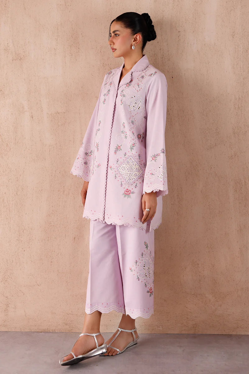 Model wearing lilac embroidered coords EP-03 Aira from Qalamkar, elegant Pakistani luxury pret available online in UK.
