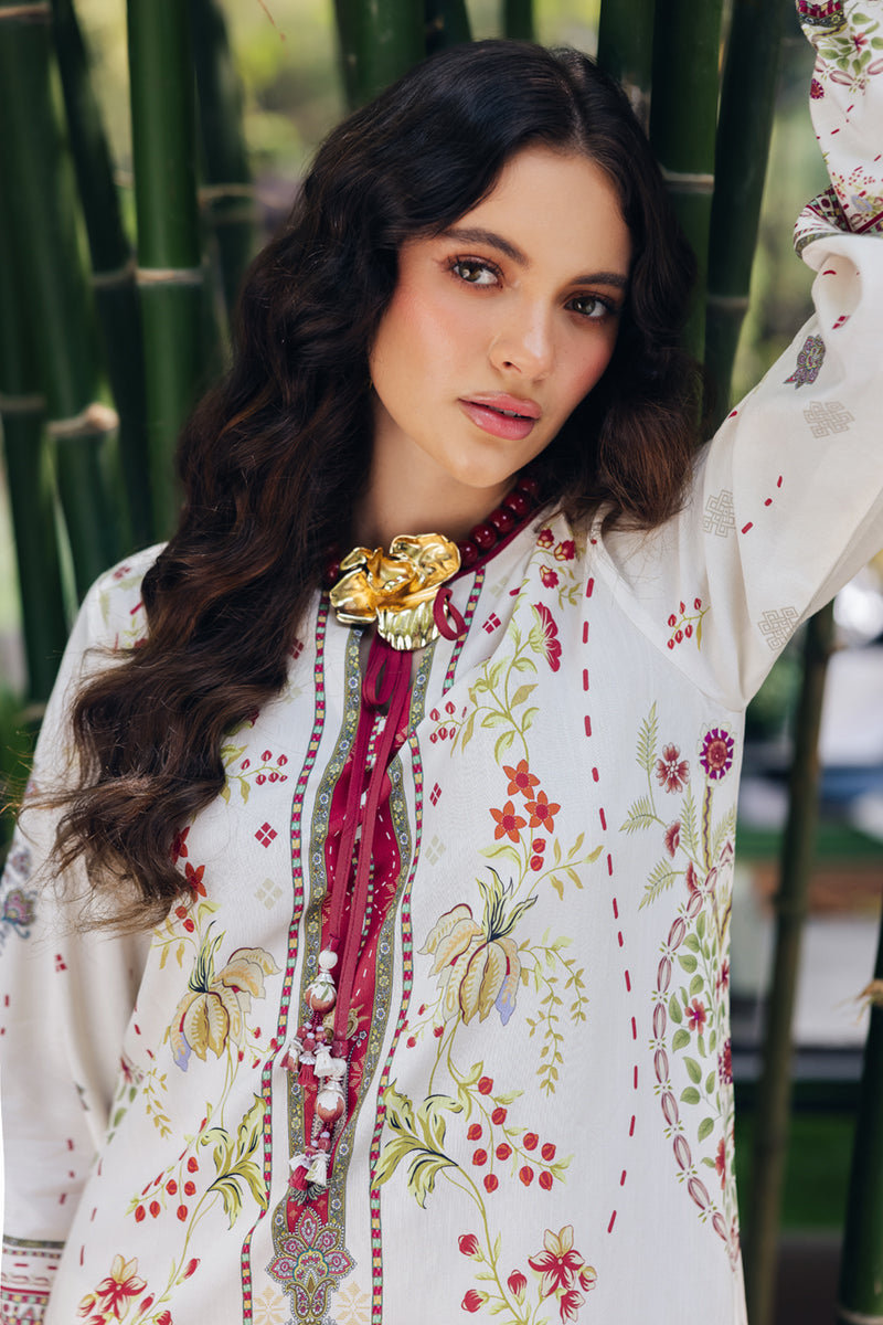 Model wearing OP-01 Lapo, embroidery focus, a Pakistani designer outfit by Qalamkar, available online in the UK.