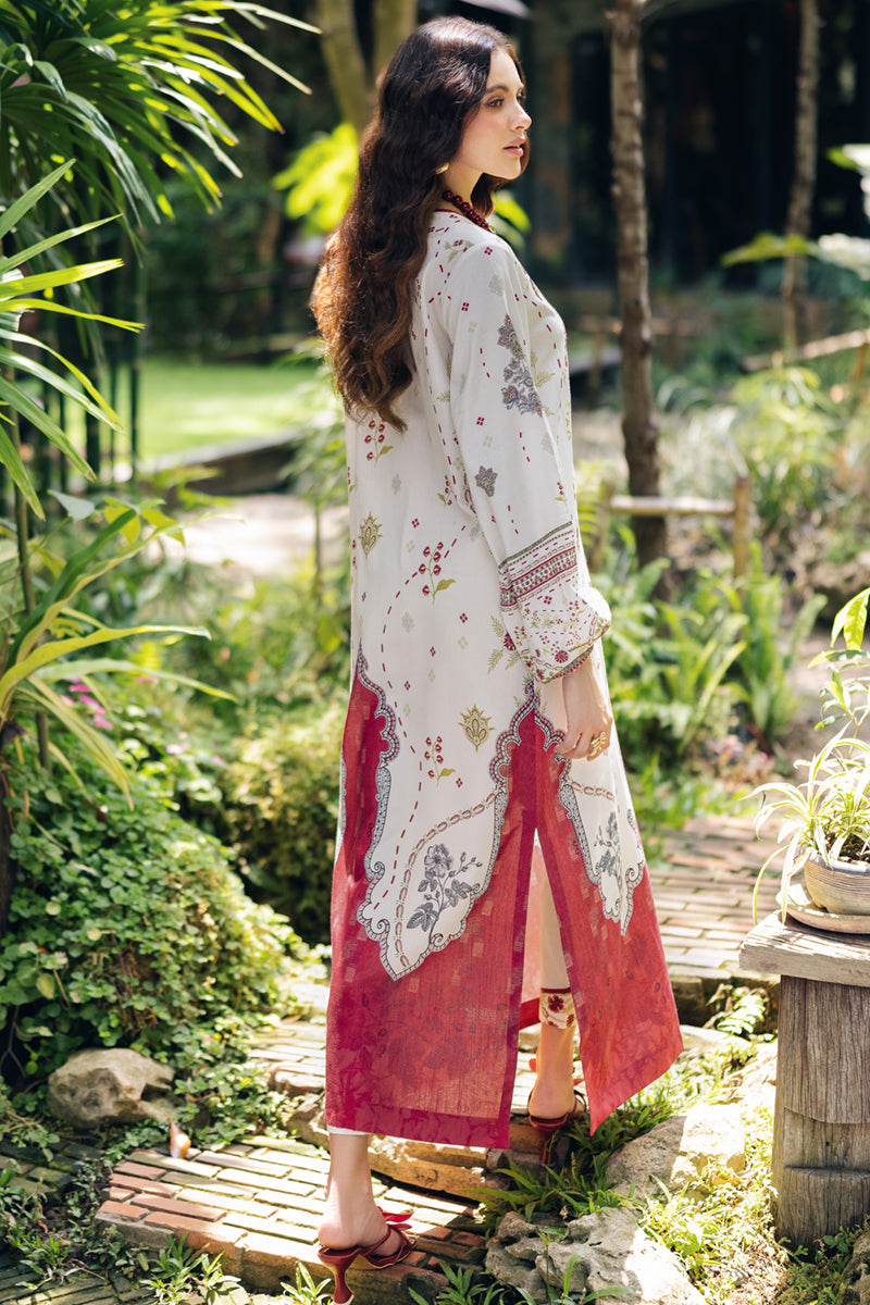 Model wearing OP-01 Lapo, back view, a Pakistani designer outfit by Qalamkar, available online in the UK.