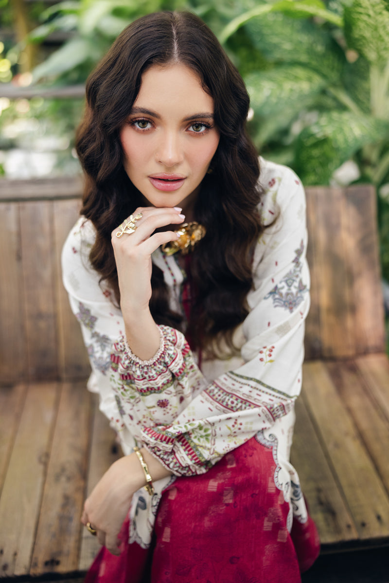 Model wearing OP-01 Lapo, model styling view, a Pakistani designer outfit by Qalamkar, available online in the UK.