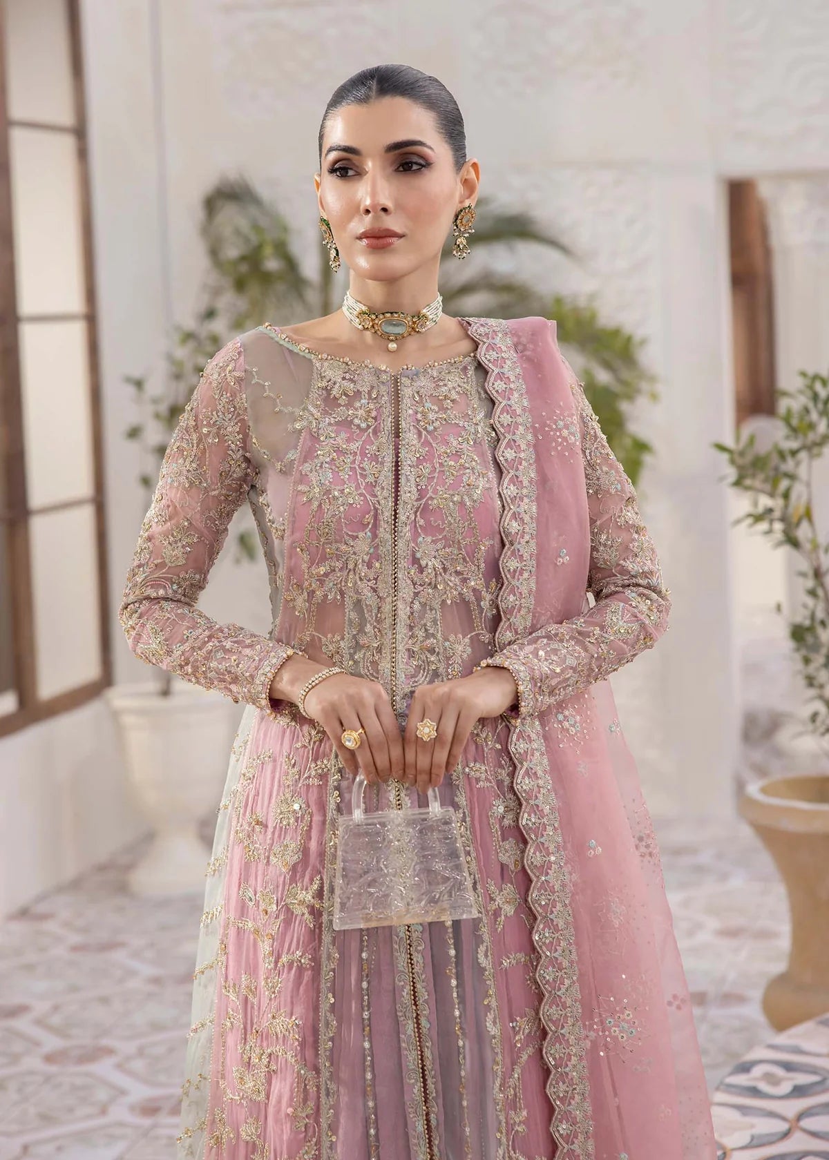 Model wearing pastel pink Sanya dress by Kanwal Malik, Pakistani luxury pret available online in UK for weddings and festive wear.