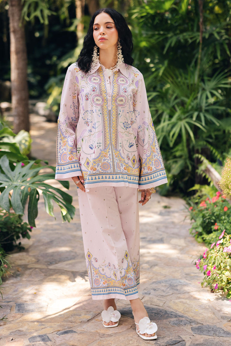 Model wearing OP-08 Ruhi, back view, a Pakistani designer outfit by Qalamkar, available online in the UK.