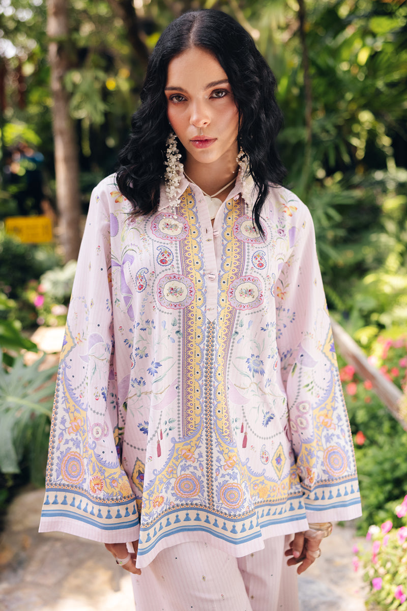 Model wearing OP-08 Ruhi, side angle, a Pakistani designer outfit by Qalamkar, available online in the UK.