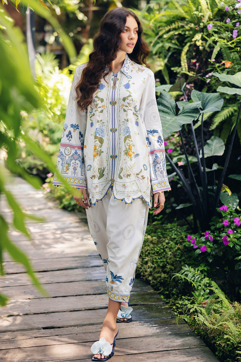 Model wearing OP-06 Ilsa, back view, a Pakistani designer outfit by Qalamkar, available online in the UK.