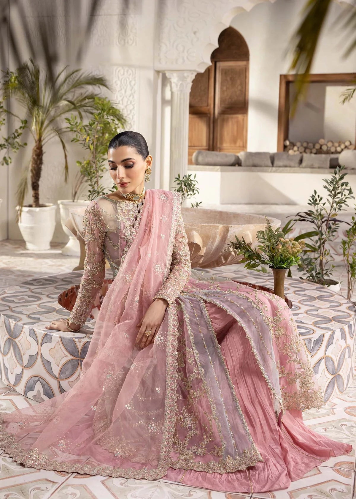 Model wearing pastel pink Sanya dress by Kanwal Malik, Pakistani luxury pret available online in UK for weddings and festive wear.