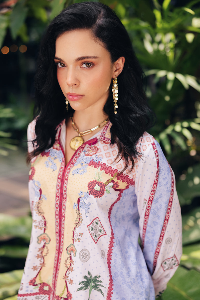 Model wearing OP-05 Rihana, side angle, a Pakistani designer outfit by Qalamkar, available online in the UK.
