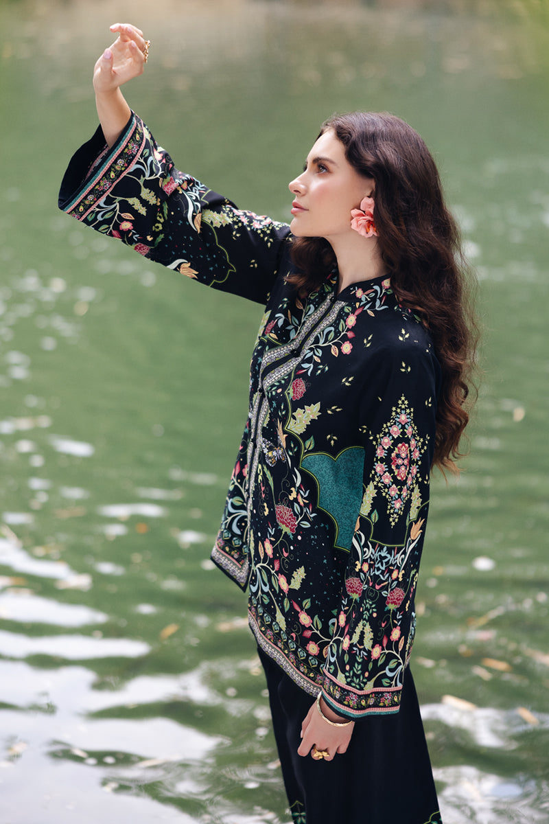 Model wearing OP-07 Rane, embroidery focus, a Pakistani designer outfit by Qalamkar, available online in the UK.