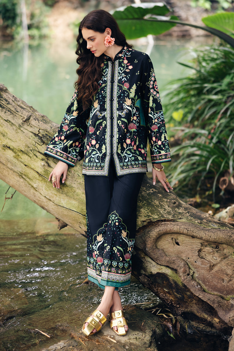Model wearing OP-07 Rane, sleeves close-up, a Pakistani designer outfit by Qalamkar, available online in the UK.