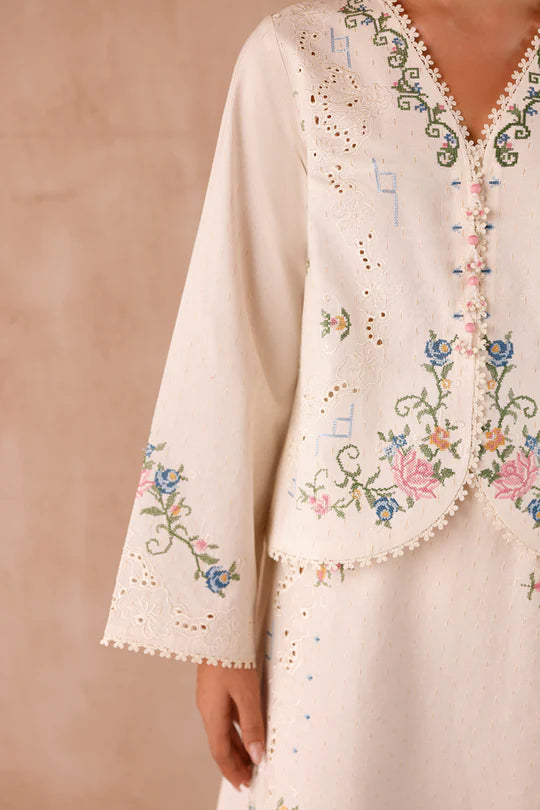 Model wearing cream embroidered coord set EP-02 Zena from Qalamkar, perfect for Pakistani luxury pret and Pakistani clothes online in UK.