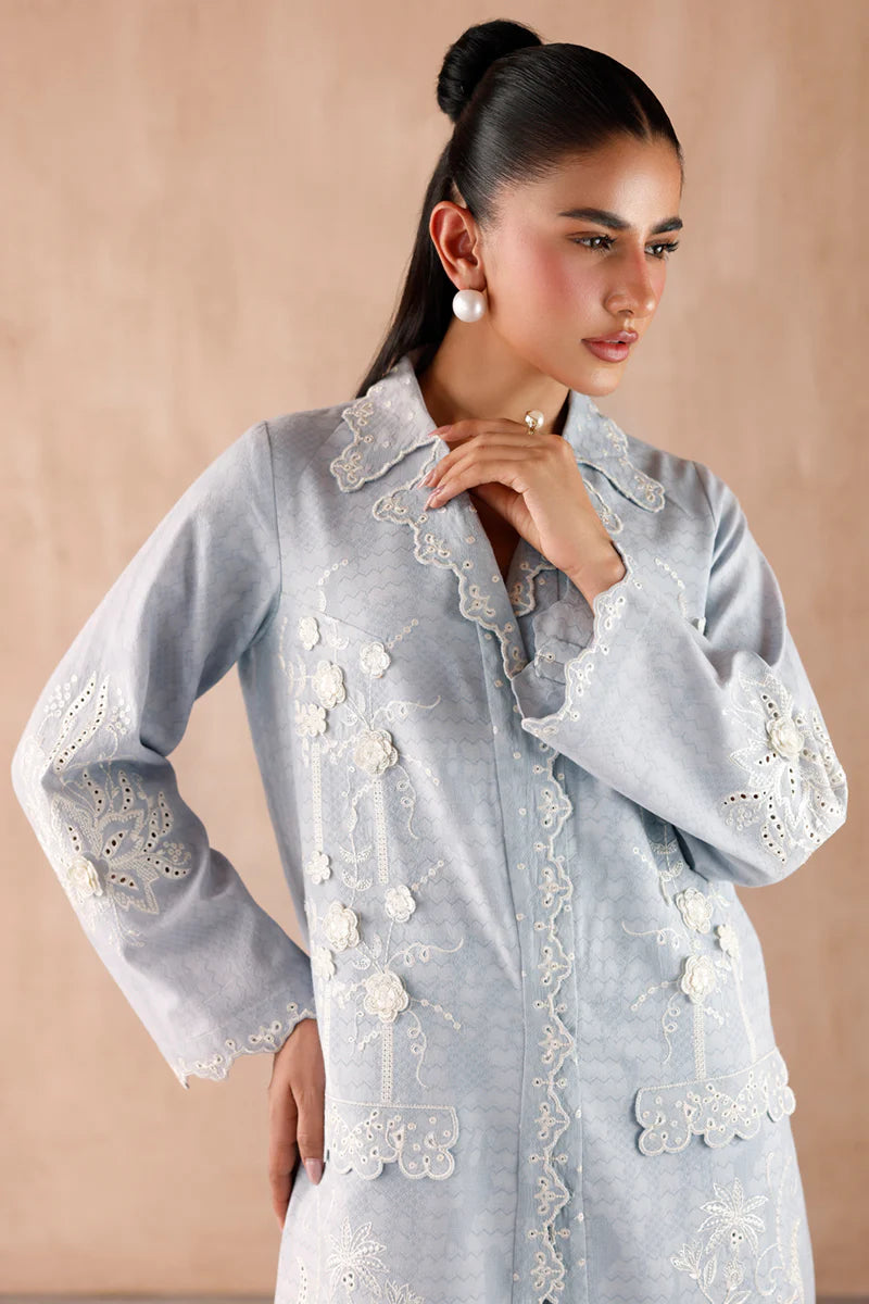 Model wearing Light Blue embroidered coords EP-05 Gaya from Qalamkar, Pakistani luxury pret available online in UK.