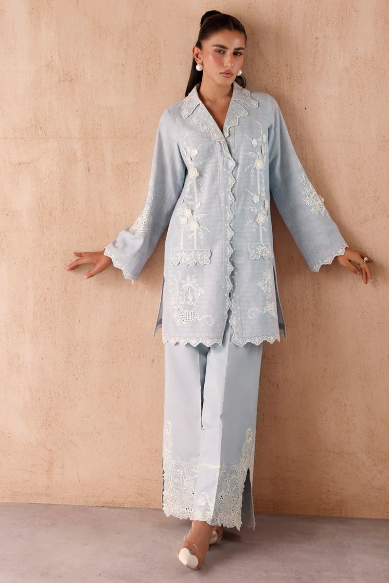 Model wearing Light Blue embroidered coords EP-05 Gaya from Qalamkar, Pakistani luxury pret available online in UK.