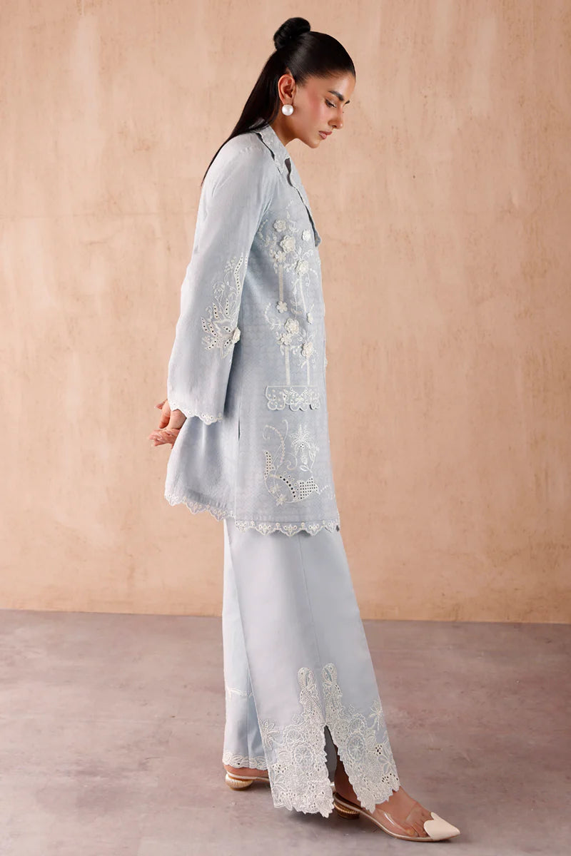 Model wearing Light Blue embroidered coords EP-05 Gaya from Qalamkar, Pakistani luxury pret available online in UK.
