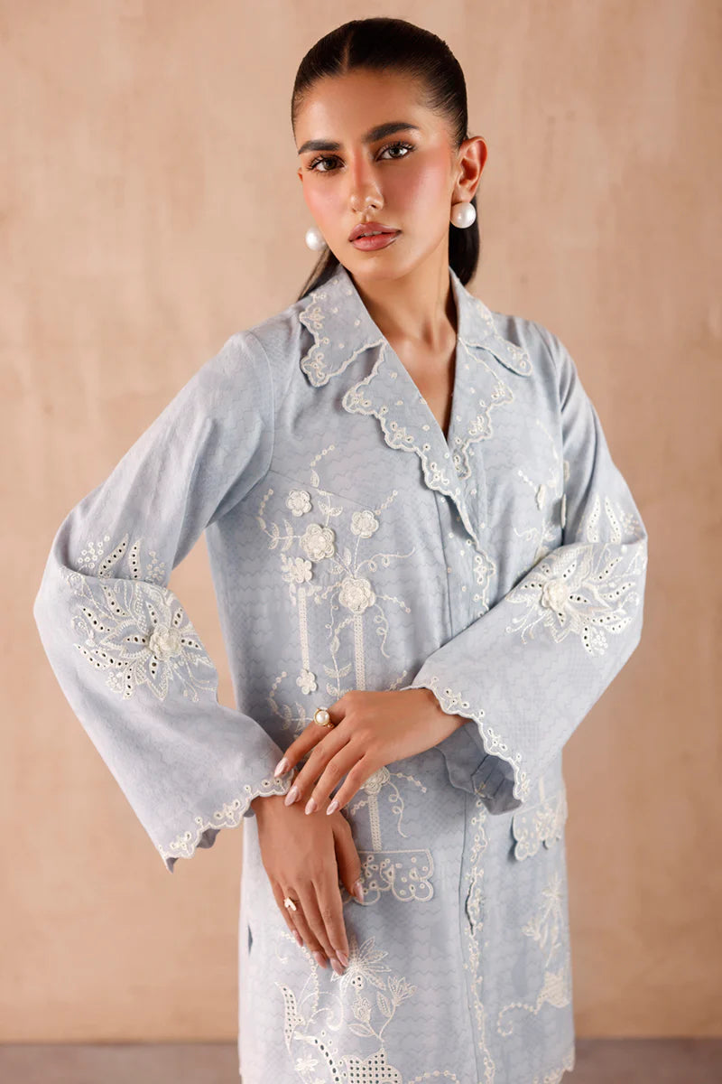 Model wearing Light Blue embroidered coords EP-05 Gaya from Qalamkar, Pakistani luxury pret available online in UK.