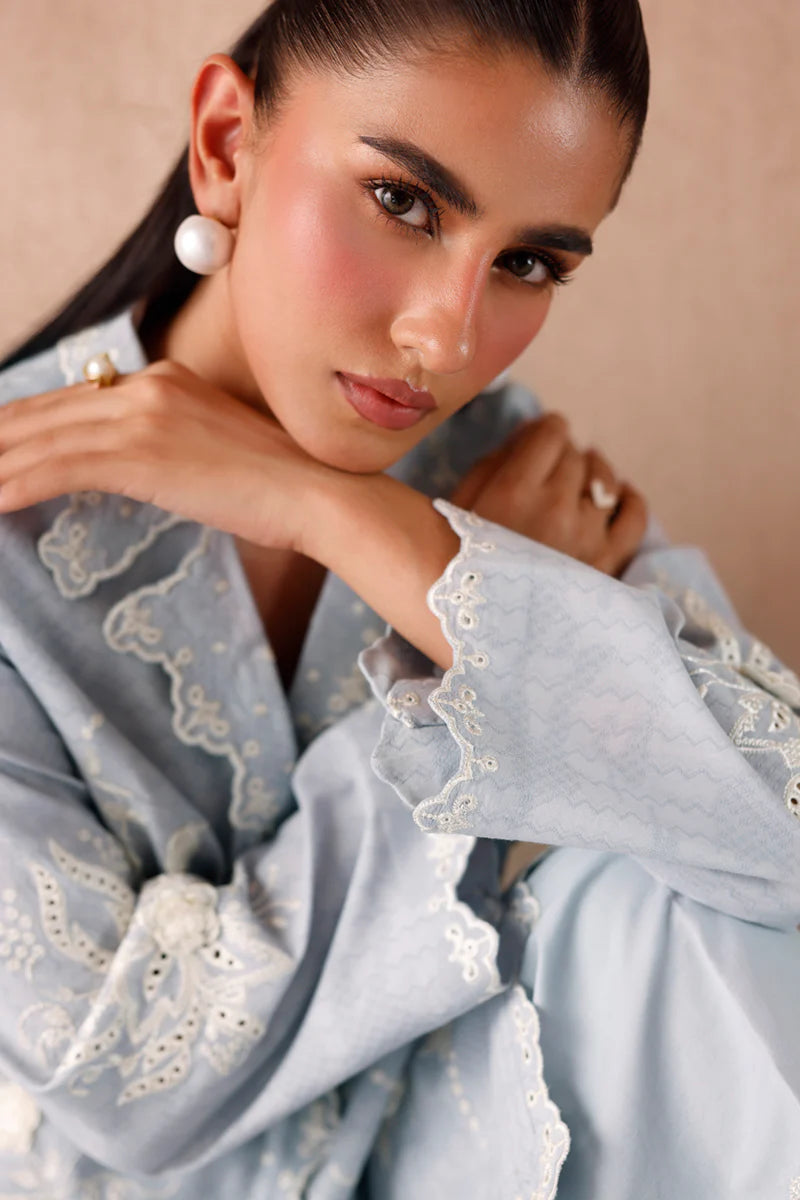 Model wearing Light Blue embroidered coords EP-05 Gaya from Qalamkar, Pakistani luxury pret available online in UK.