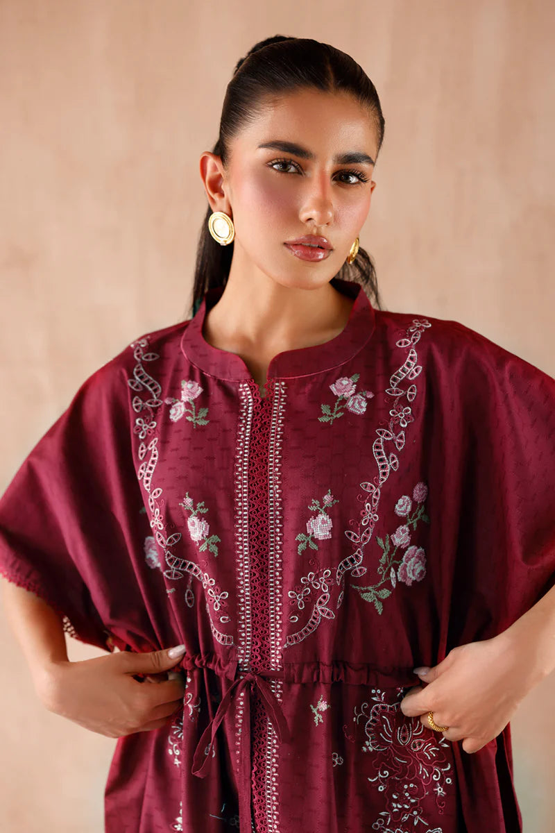Model wearing maroon embroidered coords EP-09 Aria from Qalamkar, premium Pakistani luxury pret available online in UK.