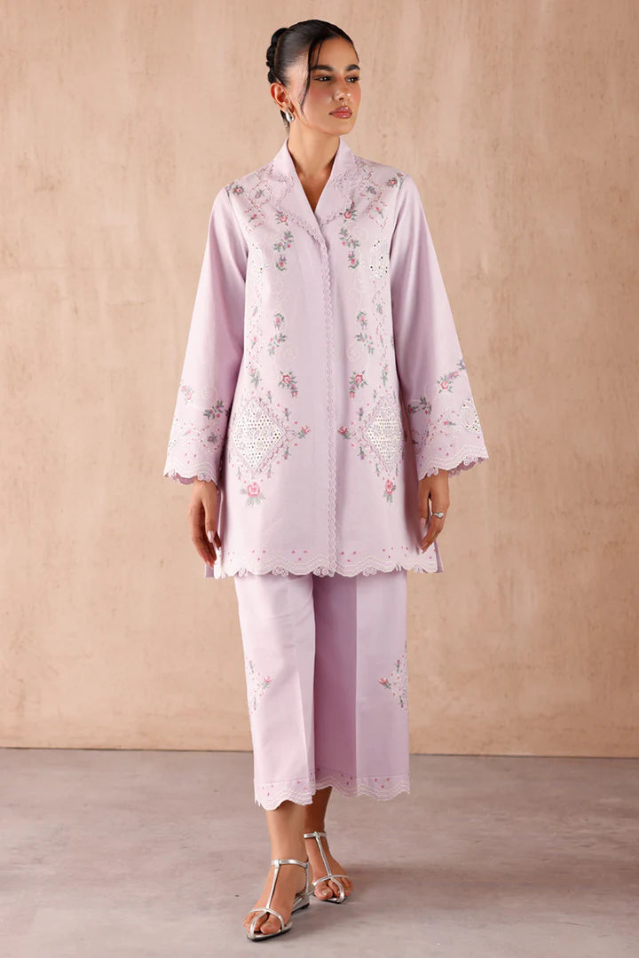 Model wearing lilac embroidered coords EP-03 Aira from Qalamkar, elegant Pakistani luxury pret available online in UK.
