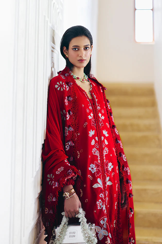 Model wearing deep red embroidered dress from Suffuse Casual Pret 2025 Crimsal. Pakistani luxury pret and Pakistani clothes online in UK.